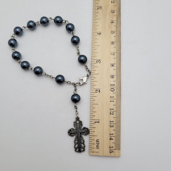 Religious Faith Rosary Style Dark Blue Gray Beaded Ornate Cross Charm Bracelet‎ - Picture 5 of 8